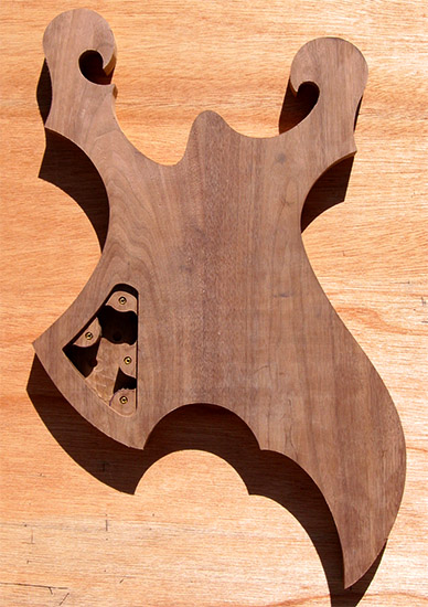 Black walnut core of a metal style custom guitar body