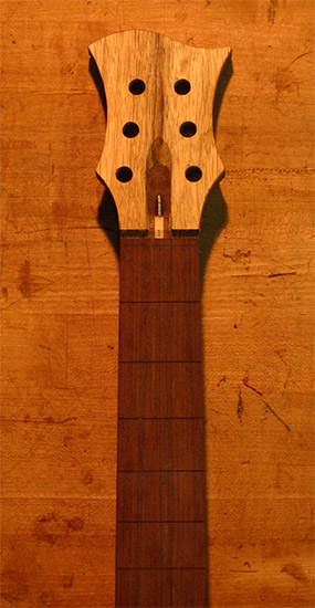 Custom guitar neck with limba headstock and pau ferro fretboard